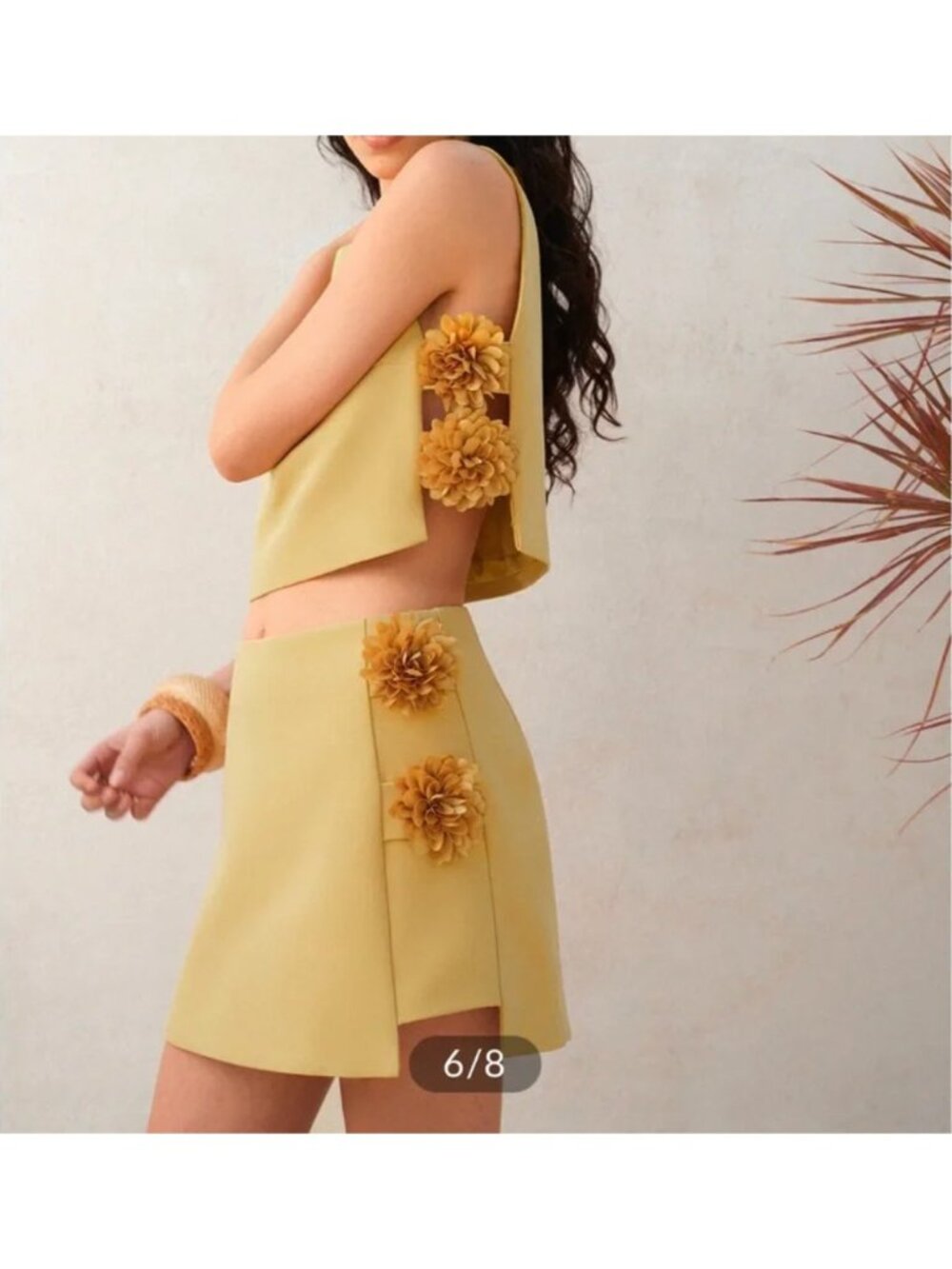 Commense 3D Floral Embellished Short Skirt Set Yellow size small cut outs